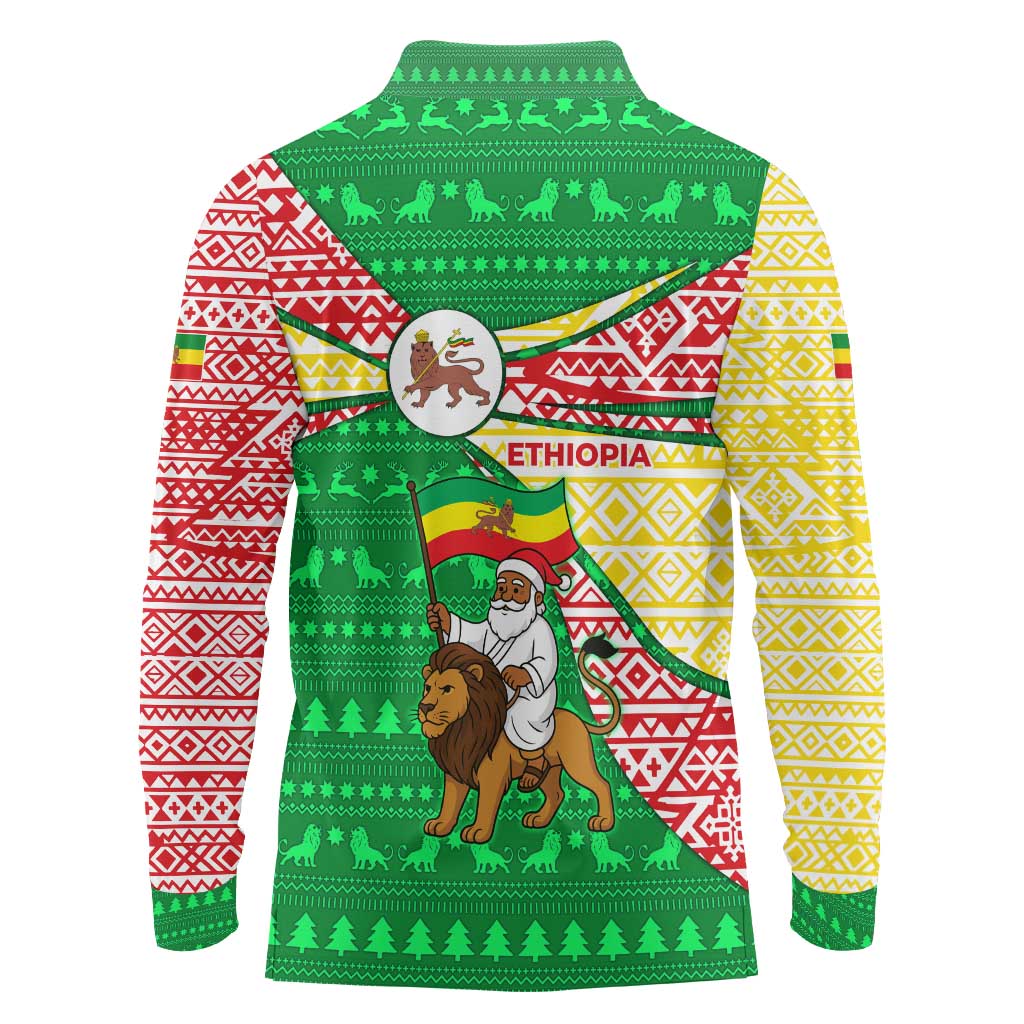 Ethiopia Christmas Long Sleeve Polo Shirt with Santa Riding Lion Ethiopian Flag Colors and Tribal Pattern Design - Wonder Print Shop