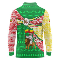 Ethiopia Christmas Long Sleeve Polo Shirt with Santa Riding Lion Ethiopian Flag Colors and Tribal Pattern Design - Wonder Print Shop