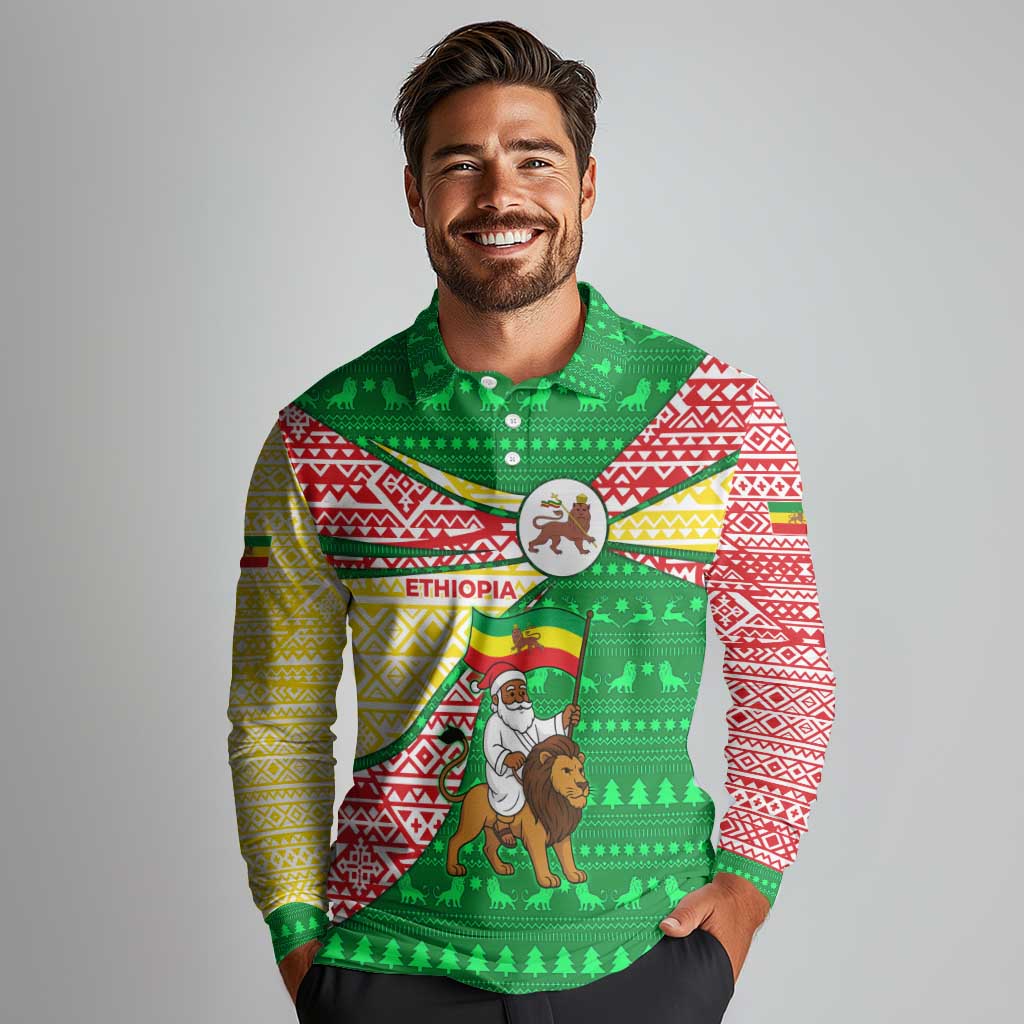 Ethiopia Christmas Long Sleeve Polo Shirt with Santa Riding Lion Ethiopian Flag Colors and Tribal Pattern Design - Wonder Print Shop