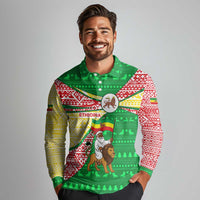 Ethiopia Christmas Long Sleeve Polo Shirt with Santa Riding Lion Ethiopian Flag Colors and Tribal Pattern Design - Wonder Print Shop