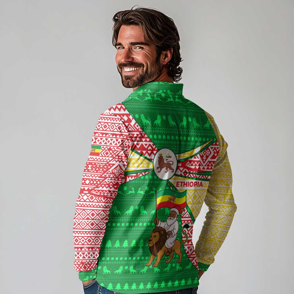 Ethiopia Christmas Long Sleeve Polo Shirt with Santa Riding Lion Ethiopian Flag Colors and Tribal Pattern Design - Wonder Print Shop