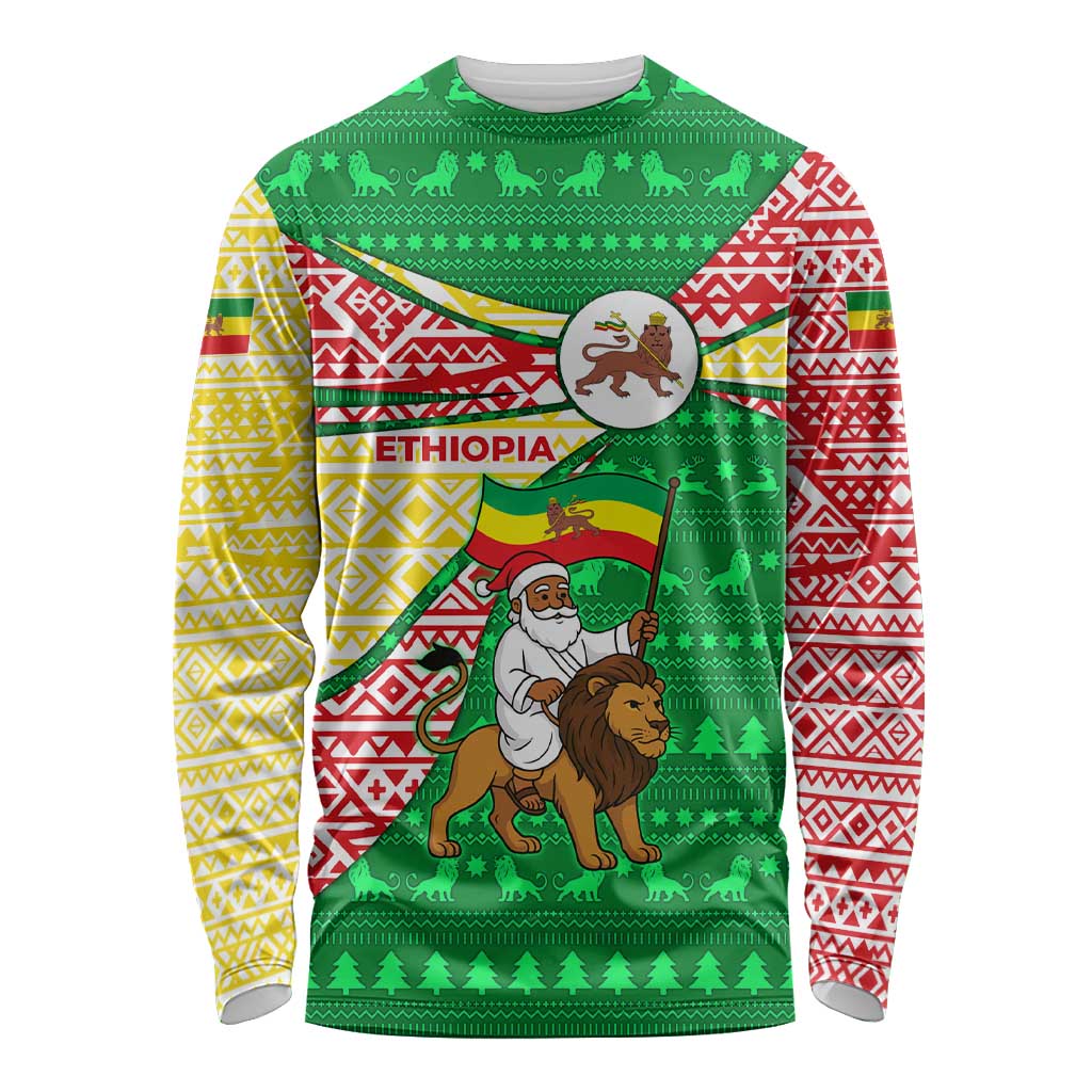 Ethiopia Christmas Long Sleeve Shirt with Santa Riding Lion Ethiopian Flag Colors and Tribal Pattern Design - Wonder Print Shop