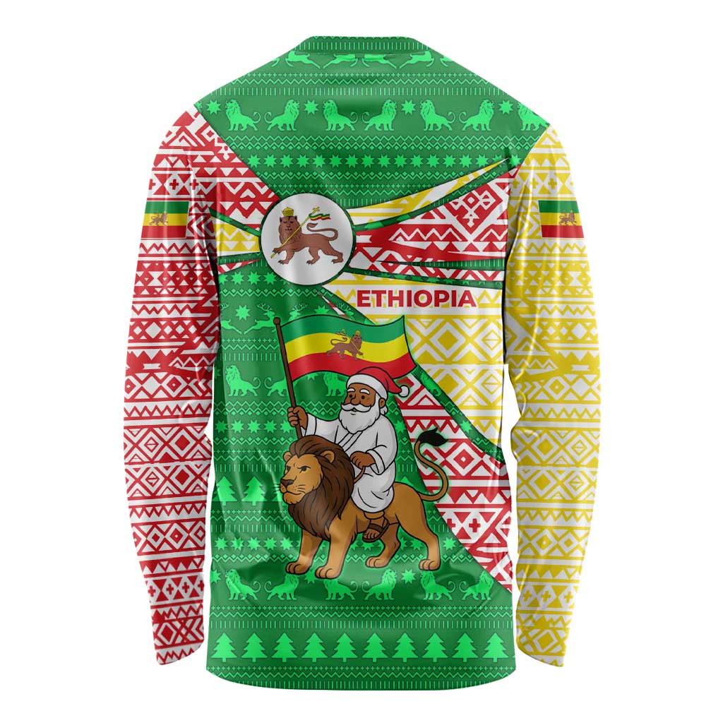 Ethiopia Christmas Long Sleeve Shirt with Santa Riding Lion Ethiopian Flag Colors and Tribal Pattern Design - Wonder Print Shop