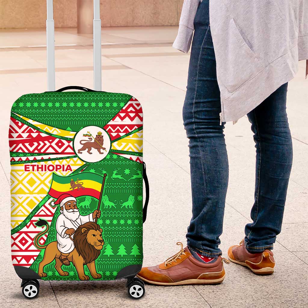 Ethiopia Christmas Luggage Cover with Santa Riding Lion Ethiopian Flag Colors and Tribal Pattern Design - Wonder Print Shop