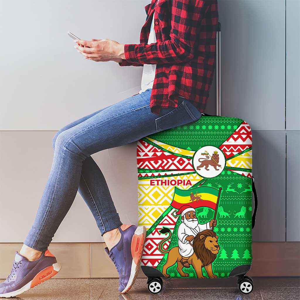 Ethiopia Christmas Luggage Cover with Santa Riding Lion Ethiopian Flag Colors and Tribal Pattern Design - Wonder Print Shop