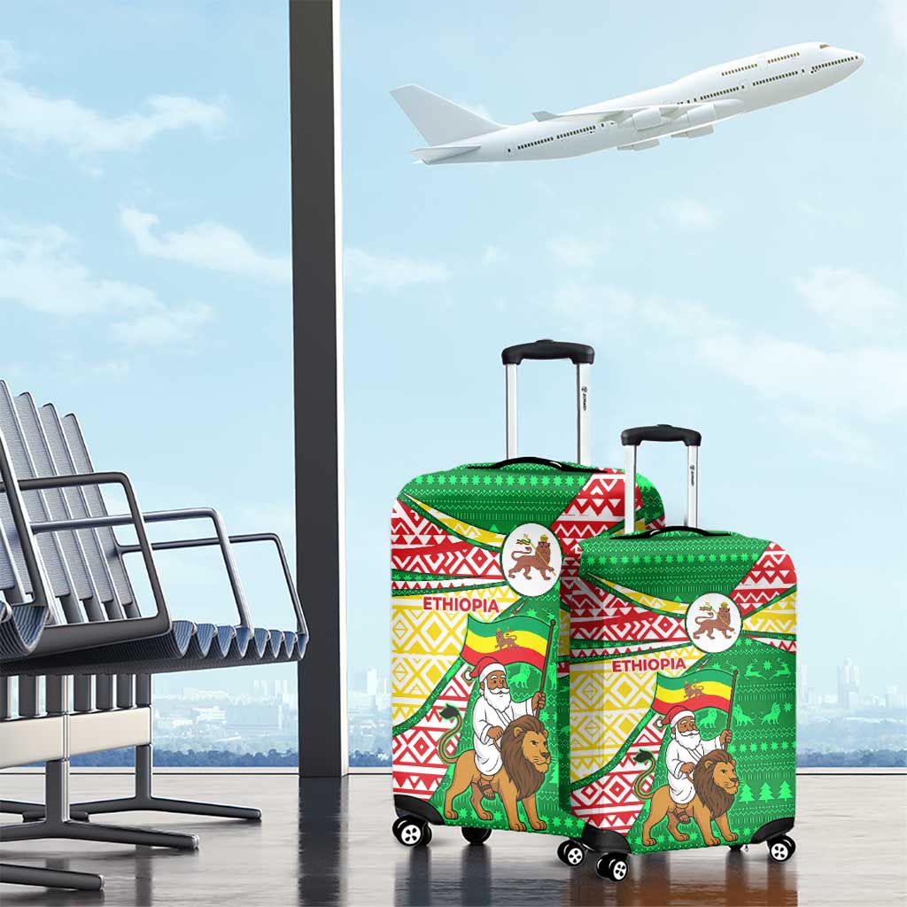Ethiopia Christmas Luggage Cover with Santa Riding Lion Ethiopian Flag Colors and Tribal Pattern Design - Wonder Print Shop