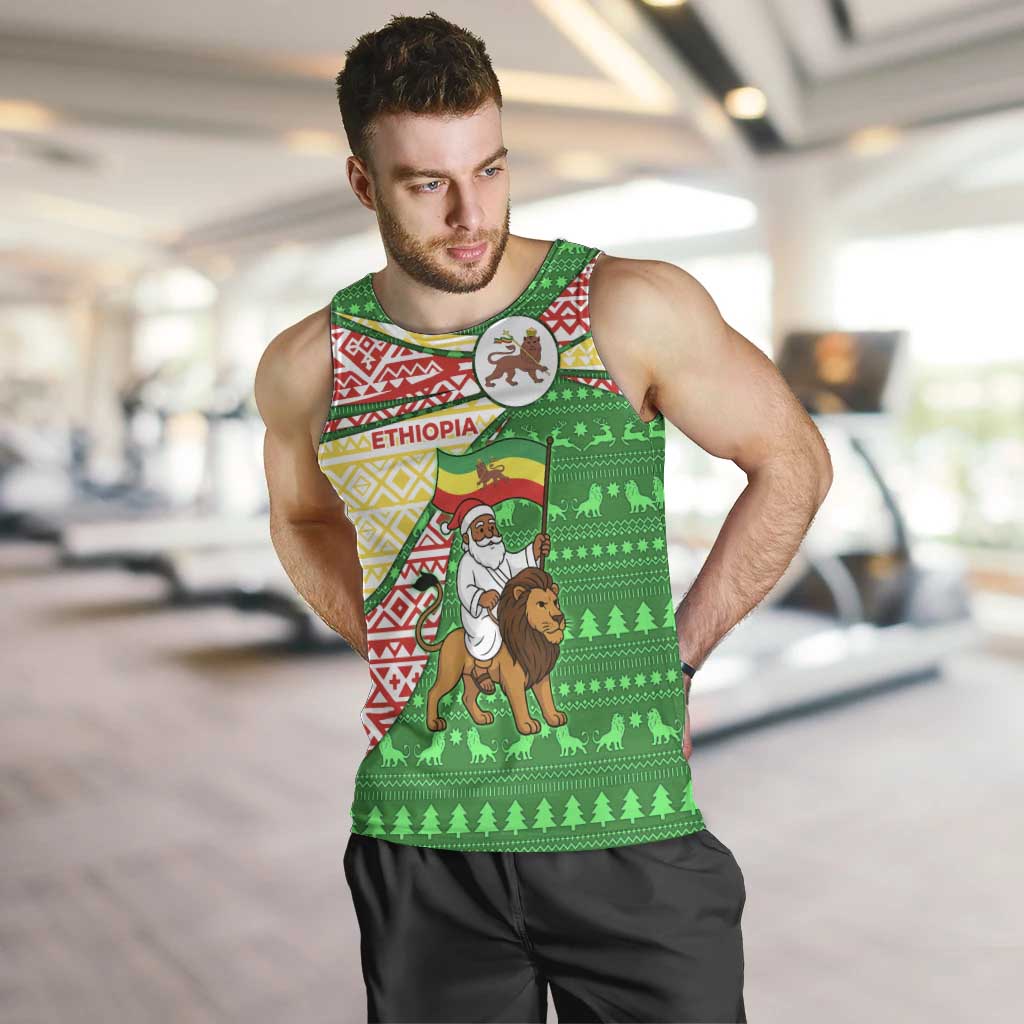 Ethiopia Christmas Men Tank Top with Santa Riding Lion Ethiopian Flag Colors and Tribal Pattern Design - Wonder Print Shop