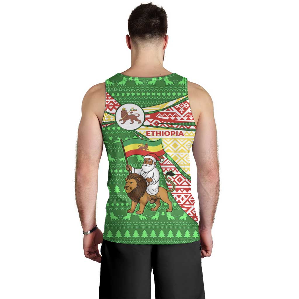 Ethiopia Christmas Men Tank Top with Santa Riding Lion Ethiopian Flag Colors and Tribal Pattern Design - Wonder Print Shop