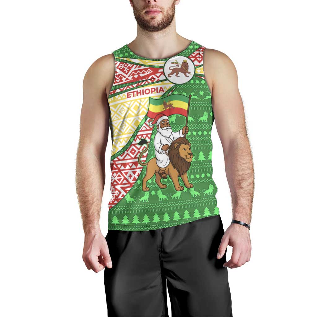 Ethiopia Christmas Men Tank Top with Santa Riding Lion Ethiopian Flag Colors and Tribal Pattern Design - Wonder Print Shop