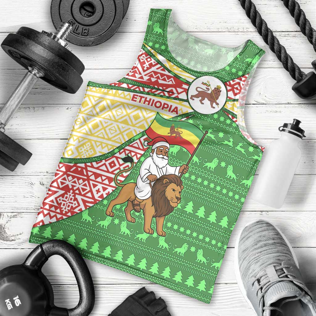 Ethiopia Christmas Men Tank Top with Santa Riding Lion Ethiopian Flag Colors and Tribal Pattern Design - Wonder Print Shop