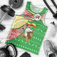 Ethiopia Christmas Men Tank Top with Santa Riding Lion Ethiopian Flag Colors and Tribal Pattern Design - Wonder Print Shop