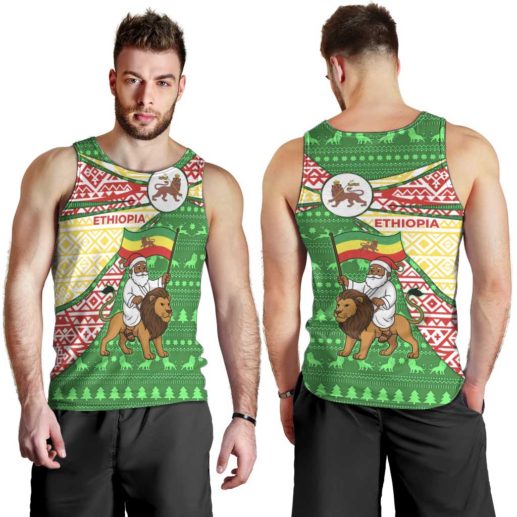 Ethiopia Christmas Men Tank Top with Santa Riding Lion Ethiopian Flag Colors and Tribal Pattern Design - Wonder Print Shop
