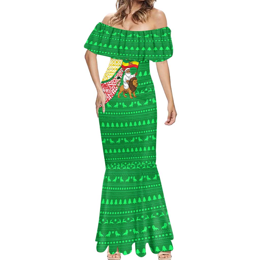 Ethiopia Christmas Mermaid Dress with Santa Riding Lion Ethiopian Flag Colors and Tribal Pattern Design - Wonder Print Shop