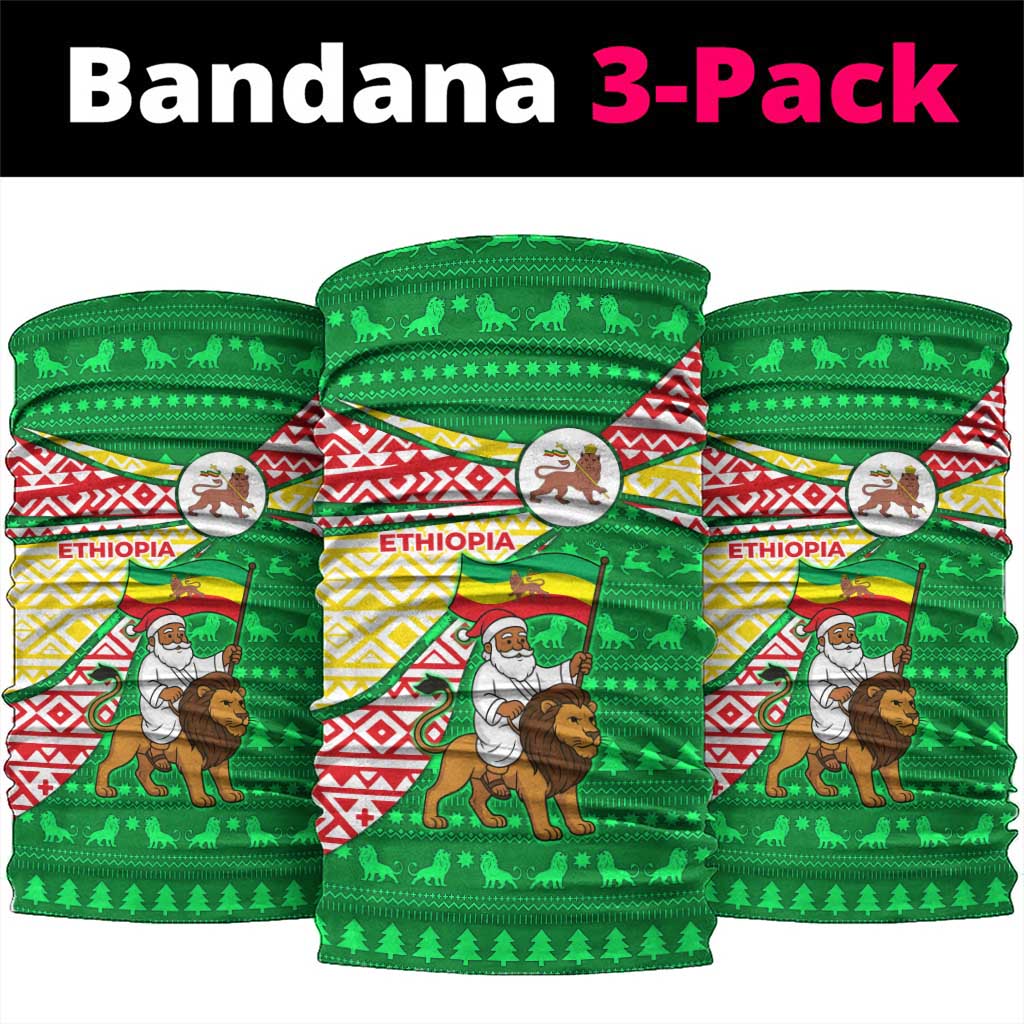Ethiopia Christmas Neck Gaiter with Santa Riding Lion Ethiopian Flag Colors and Tribal Pattern Design - Wonder Print Shop