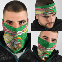 Ethiopia Christmas Neck Gaiter with Santa Riding Lion Ethiopian Flag Colors and Tribal Pattern Design - Wonder Print Shop