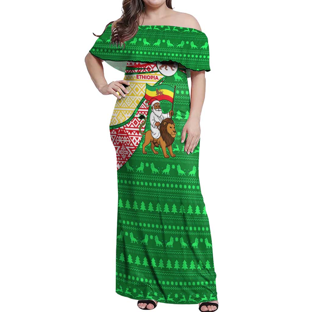 Ethiopia Christmas Off Shoulder Maxi Dress with Santa Riding Lion Ethiopian Flag Colors and Tribal Pattern Design - Wonder Print Shop