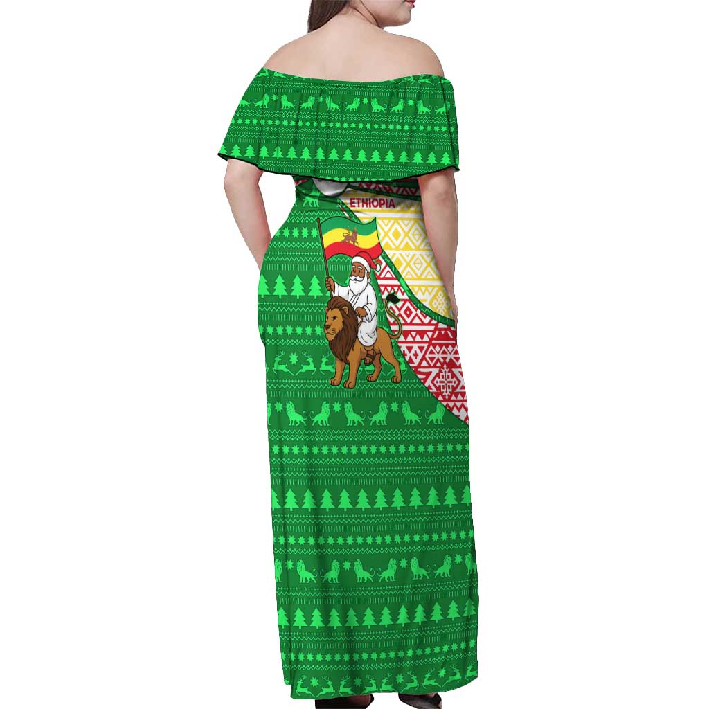 Ethiopia Christmas Off Shoulder Maxi Dress with Santa Riding Lion Ethiopian Flag Colors and Tribal Pattern Design - Wonder Print Shop
