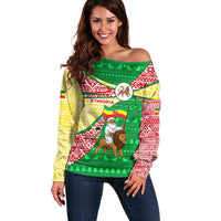 Ethiopia Christmas Off Shoulder Sweater with Santa Riding Lion Ethiopian Flag Colors and Tribal Pattern Design - Wonder Print Shop