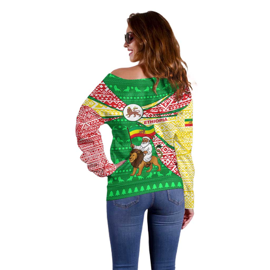 Ethiopia Christmas Off Shoulder Sweater with Santa Riding Lion Ethiopian Flag Colors and Tribal Pattern Design - Wonder Print Shop
