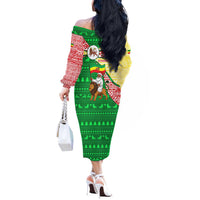 Ethiopia Christmas Off The Shoulder Long Sleeve Dress with Santa Riding Lion Ethiopian Flag Colors and Tribal Pattern Design - Wonder Print Shop
