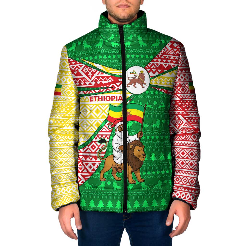 Ethiopia Christmas Padded Jacket with Santa Riding Lion Ethiopian Flag Colors and Tribal Pattern Design - Wonder Print Shop