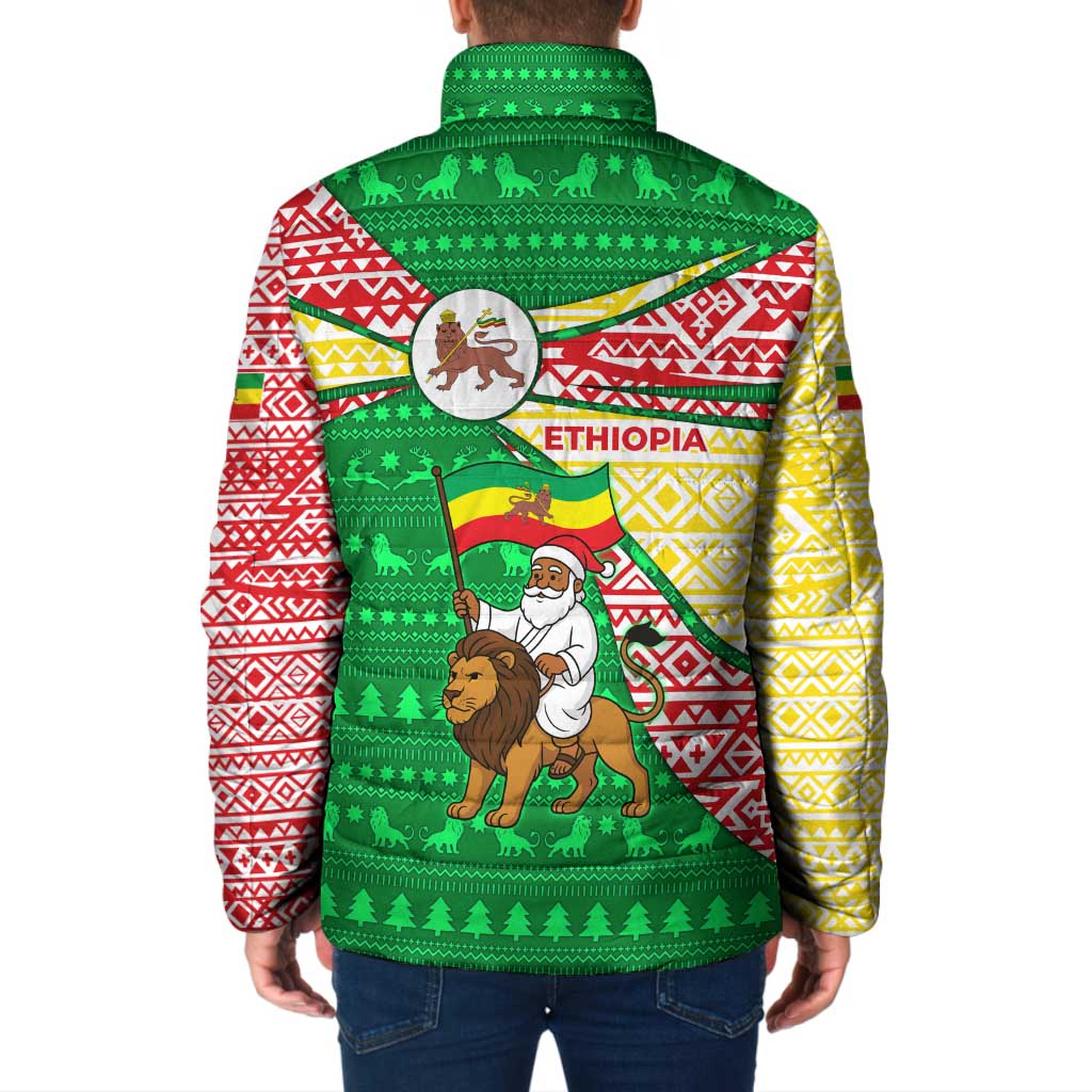 Ethiopia Christmas Padded Jacket with Santa Riding Lion Ethiopian Flag Colors and Tribal Pattern Design - Wonder Print Shop