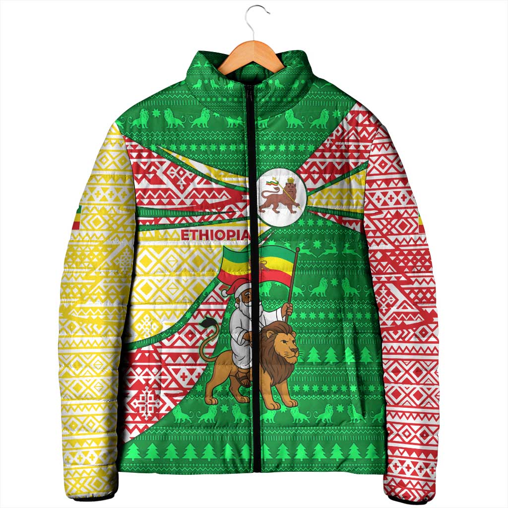 Ethiopia Christmas Padded Jacket with Santa Riding Lion Ethiopian Flag Colors and Tribal Pattern Design - Wonder Print Shop