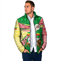 Ethiopia Christmas Padded Jacket with Santa Riding Lion Ethiopian Flag Colors and Tribal Pattern Design - Wonder Print Shop