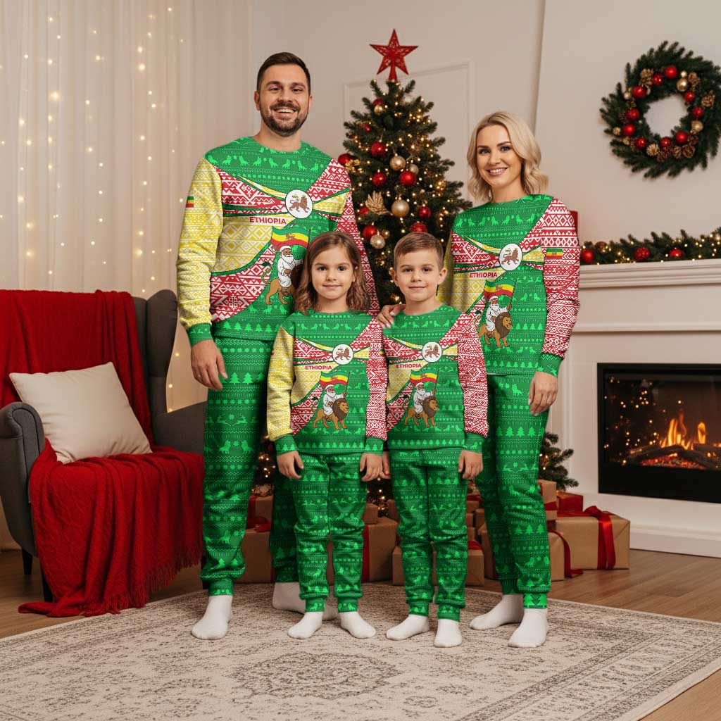 Ethiopia Christmas Pajama Set with Santa Riding Lion Ethiopian Flag Colors and Tribal Pattern Design - Wonder Print Shop