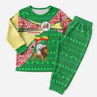 Ethiopia Christmas Pajama Set with Santa Riding Lion Ethiopian Flag Colors and Tribal Pattern Design - Wonder Print Shop