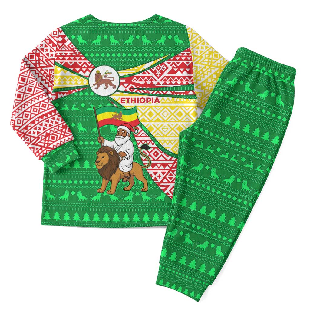 Ethiopia Christmas Pajama Set with Santa Riding Lion Ethiopian Flag Colors and Tribal Pattern Design - Wonder Print Shop