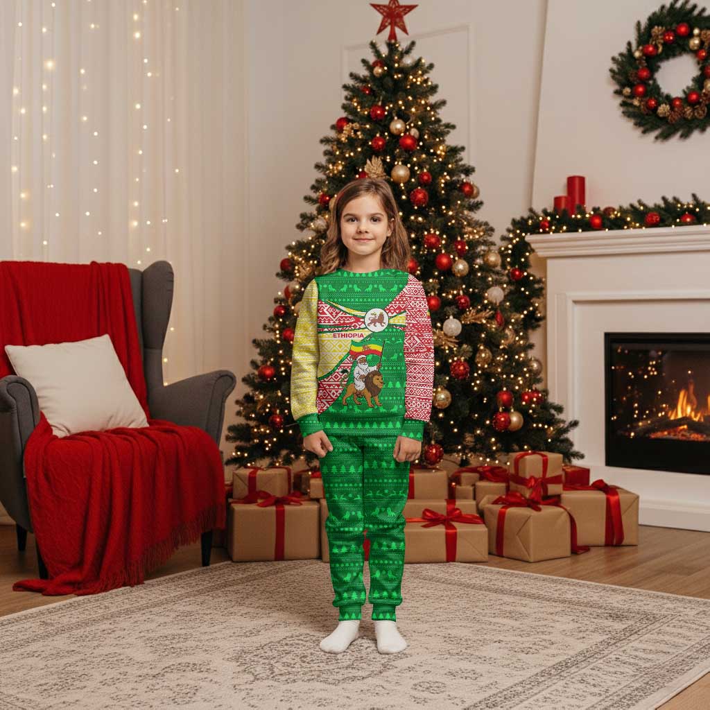 Ethiopia Christmas Pajama Set with Santa Riding Lion Ethiopian Flag Colors and Tribal Pattern Design - Wonder Print Shop