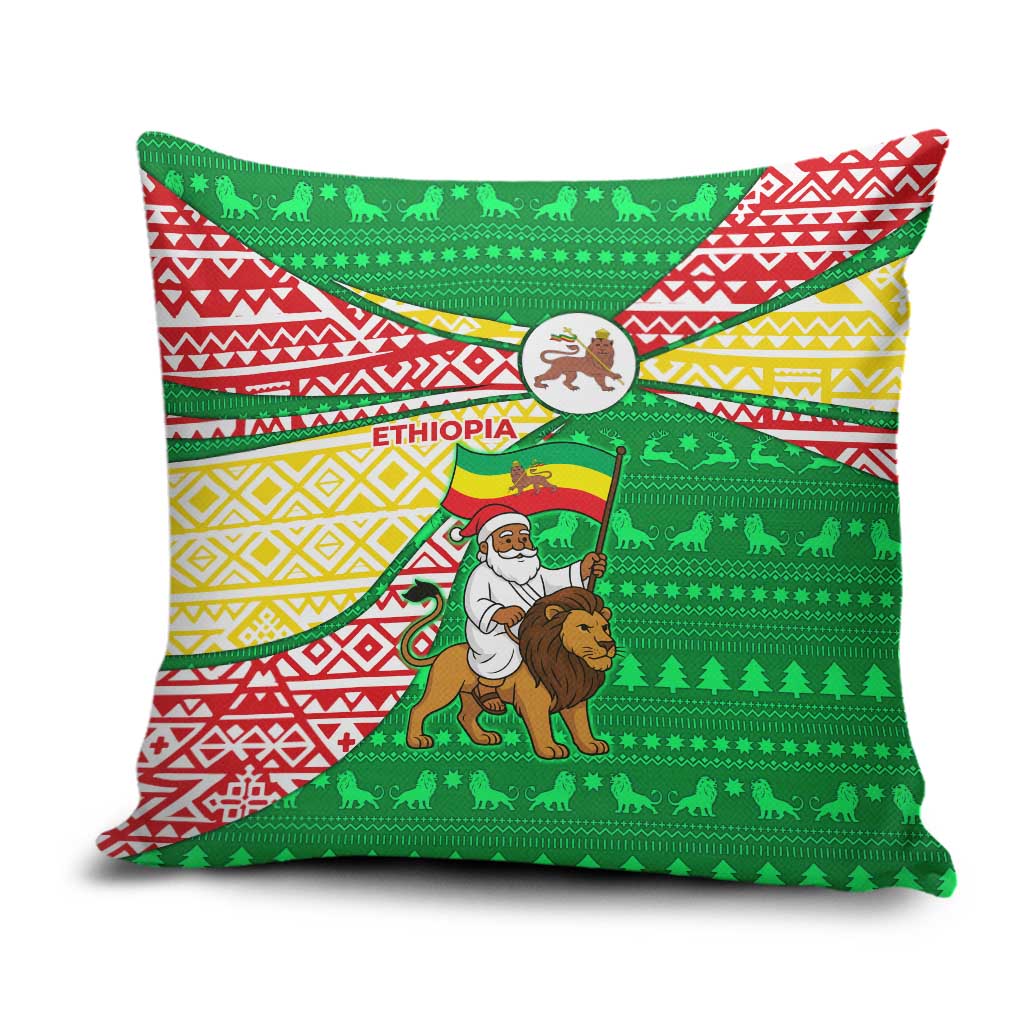 Ethiopia Christmas Pillow Cover with Santa Riding Lion Ethiopian Flag Colors and Tribal Pattern Design - Wonder Print Shop