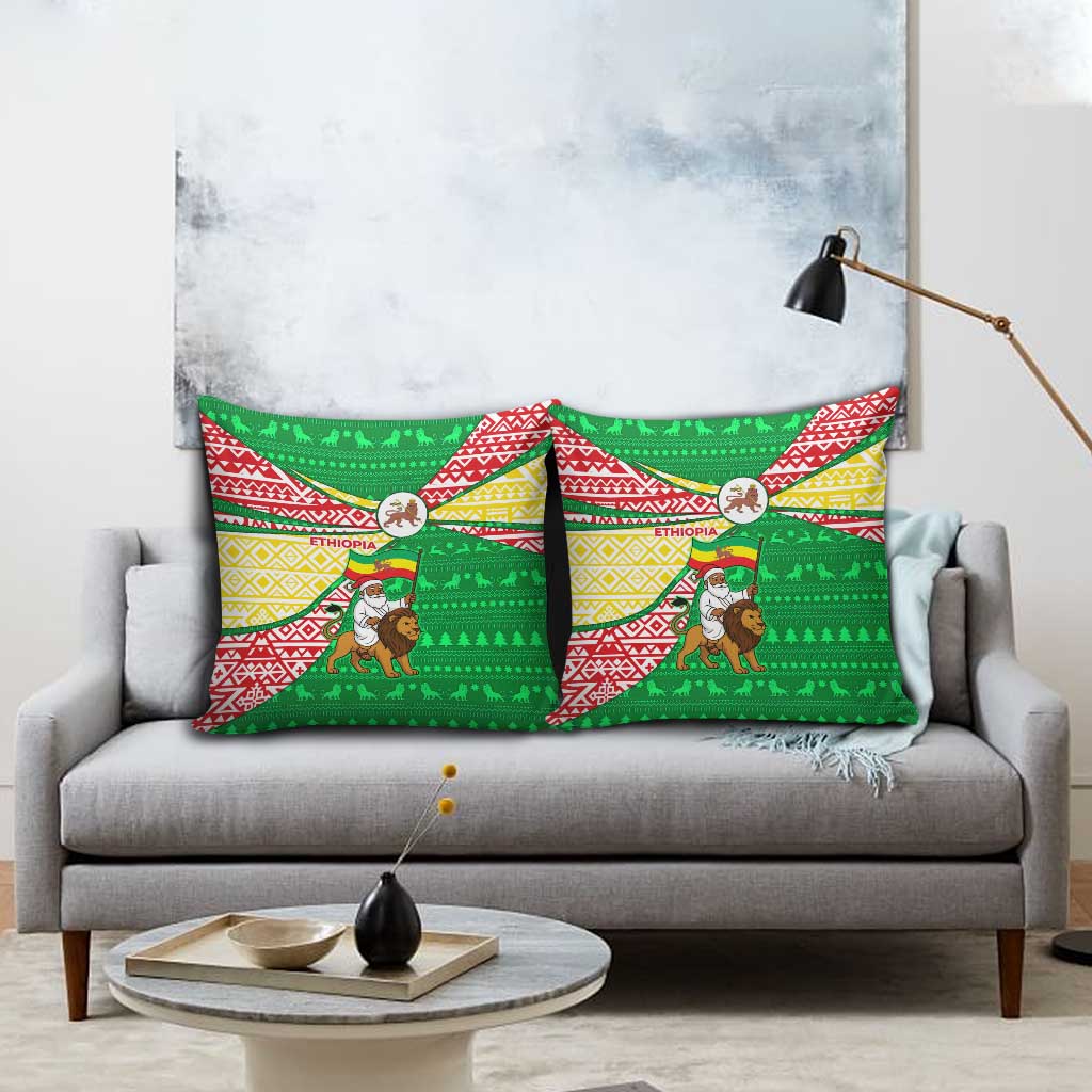 Ethiopia Christmas Pillow Cover with Santa Riding Lion Ethiopian Flag Colors and Tribal Pattern Design - Wonder Print Shop