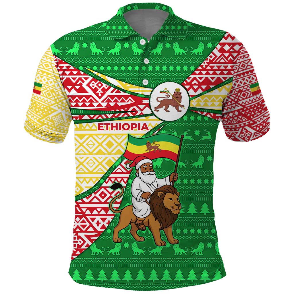 Ethiopia Christmas Polo Shirt with Santa Riding Lion Ethiopian Flag Colors and Tribal Pattern Design - Wonder Print Shop