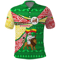 Ethiopia Christmas Polo Shirt with Santa Riding Lion Ethiopian Flag Colors and Tribal Pattern Design - Wonder Print Shop