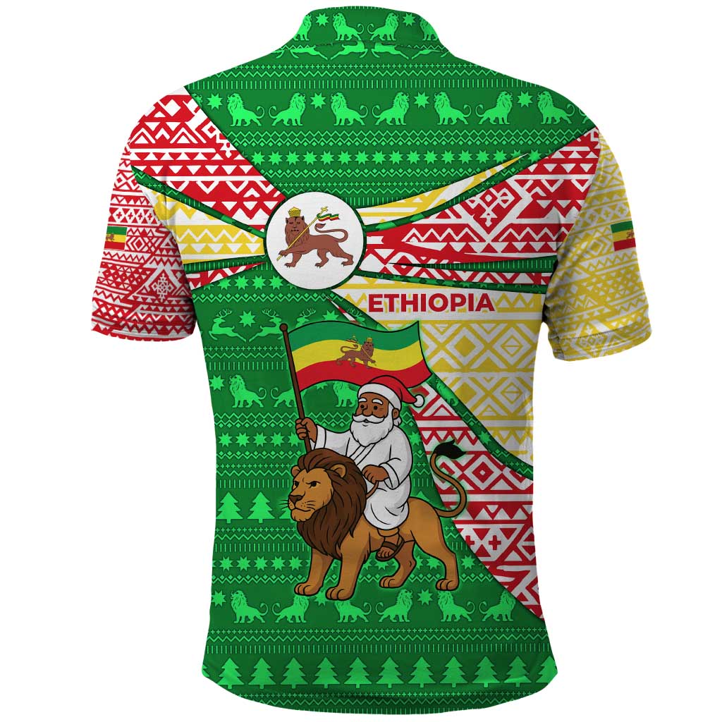 Ethiopia Christmas Polo Shirt with Santa Riding Lion Ethiopian Flag Colors and Tribal Pattern Design - Wonder Print Shop