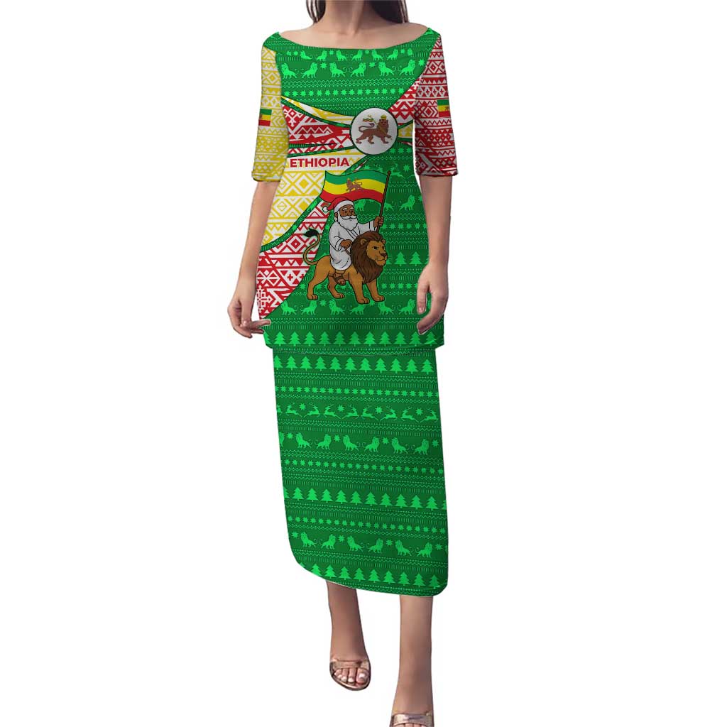 Ethiopia Christmas Puletasi with Santa Riding Lion Ethiopian Flag Colors and Tribal Pattern Design - Wonder Print Shop