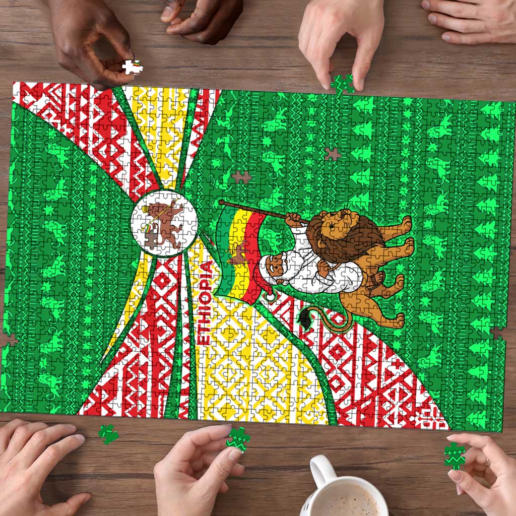 Ethiopia Christmas Puzzle with Santa Riding Lion Ethiopian Flag Colors and Tribal Pattern Design - Wonder Print Shop