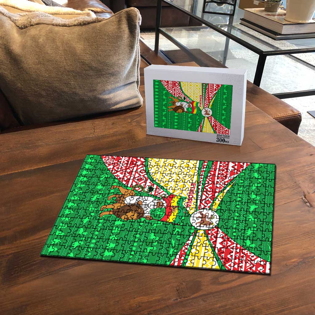 Ethiopia Christmas Puzzle with Santa Riding Lion Ethiopian Flag Colors and Tribal Pattern Design - Wonder Print Shop
