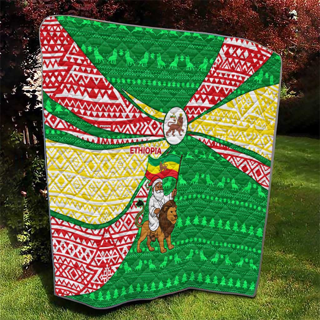 Ethiopia Christmas Quilt with Santa Riding Lion Ethiopian Flag Colors and Tribal Pattern Design - Wonder Print Shop