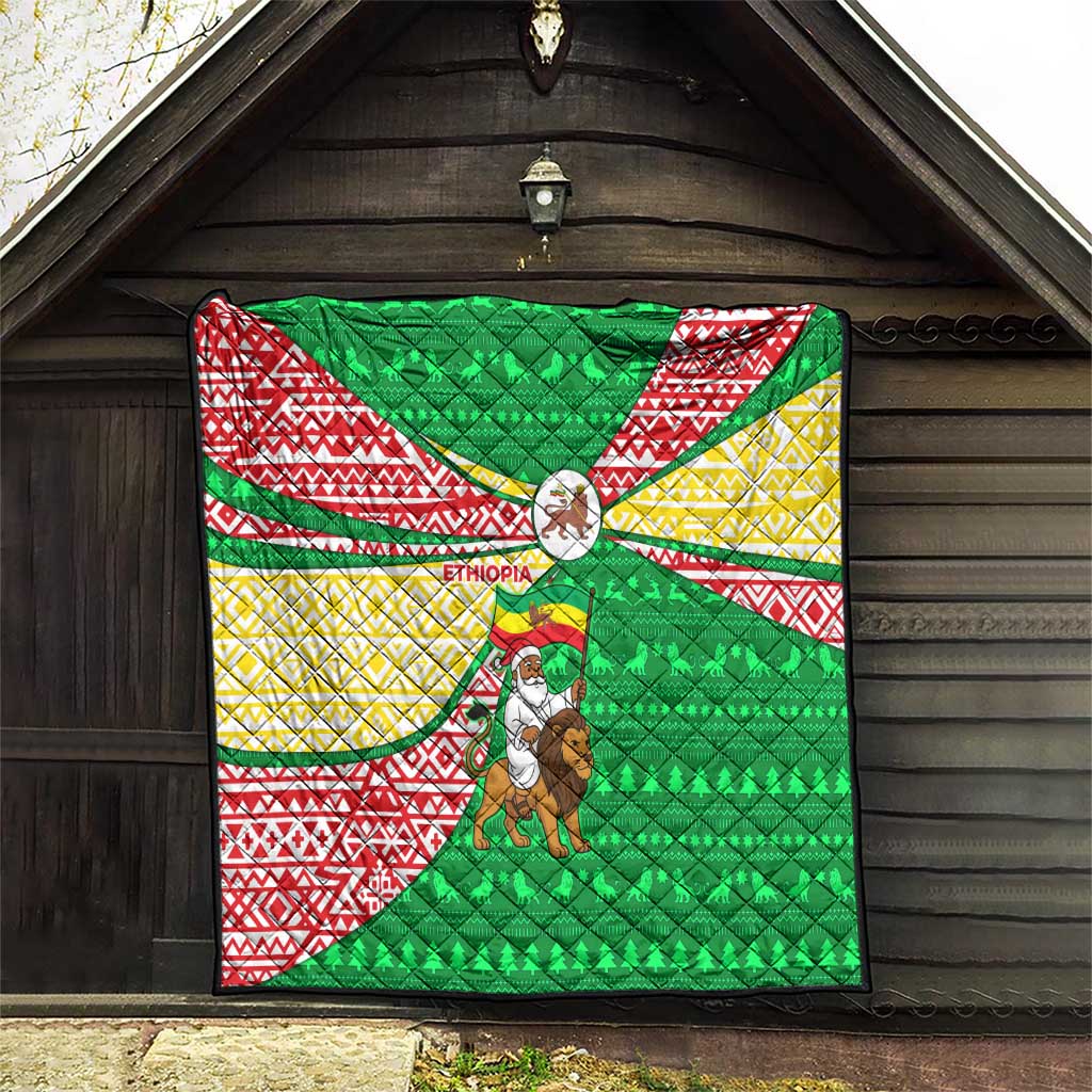 Ethiopia Christmas Quilt with Santa Riding Lion Ethiopian Flag Colors and Tribal Pattern Design - Wonder Print Shop