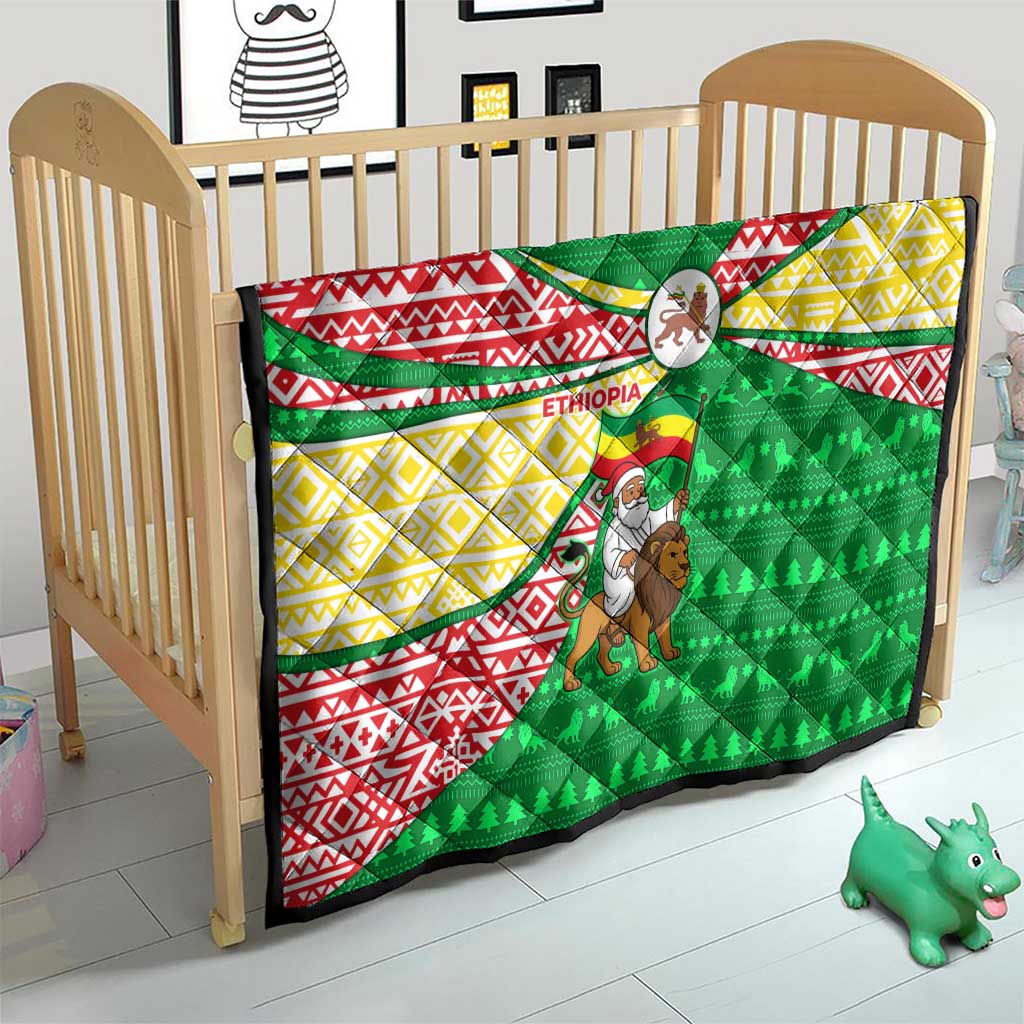 Ethiopia Christmas Quilt with Santa Riding Lion Ethiopian Flag Colors and Tribal Pattern Design - Wonder Print Shop