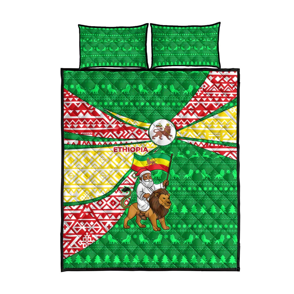 Ethiopia Christmas Quilt Bed Set with Santa Riding Lion Ethiopian Flag Colors and Tribal Pattern Design - Wonder Print Shop