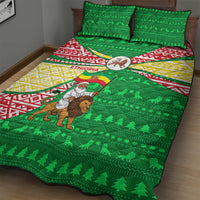 Ethiopia Christmas Quilt Bed Set with Santa Riding Lion Ethiopian Flag Colors and Tribal Pattern Design - Wonder Print Shop