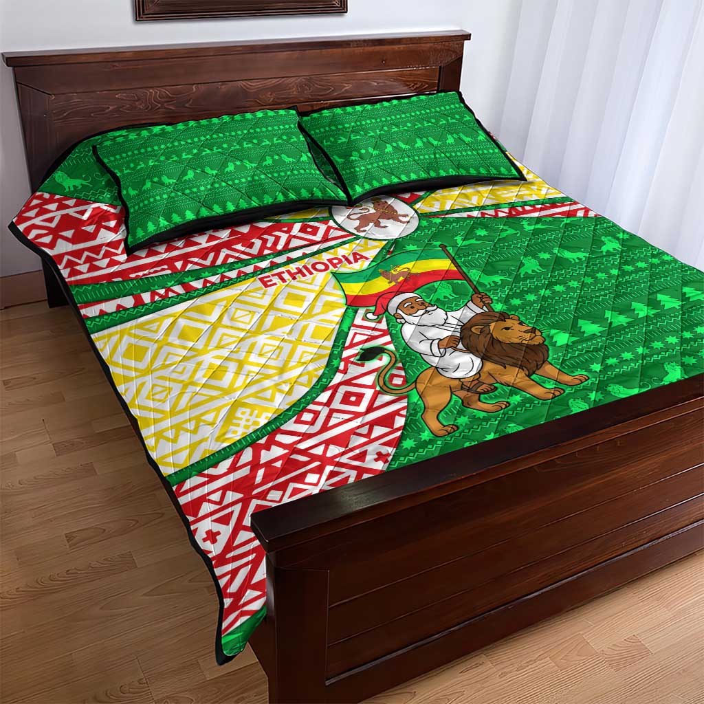 Ethiopia Christmas Quilt Bed Set with Santa Riding Lion Ethiopian Flag Colors and Tribal Pattern Design - Wonder Print Shop