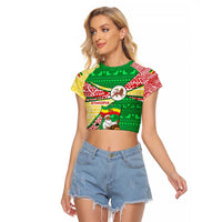 Ethiopia Christmas Raglan Cropped T Shirt with Santa Riding Lion Ethiopian Flag Colors and Tribal Pattern Design - Wonder Print Shop