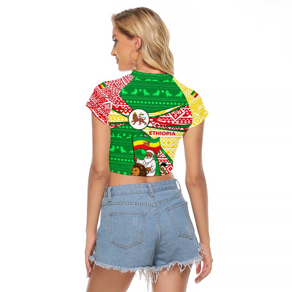 Ethiopia Christmas Raglan Cropped T Shirt with Santa Riding Lion Ethiopian Flag Colors and Tribal Pattern Design - Wonder Print Shop