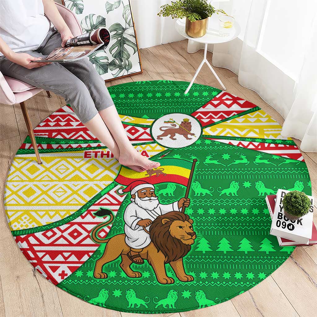 Ethiopia Christmas Round Carpet with Santa Riding Lion Ethiopian Flag Colors and Tribal Pattern Design - Wonder Print Shop