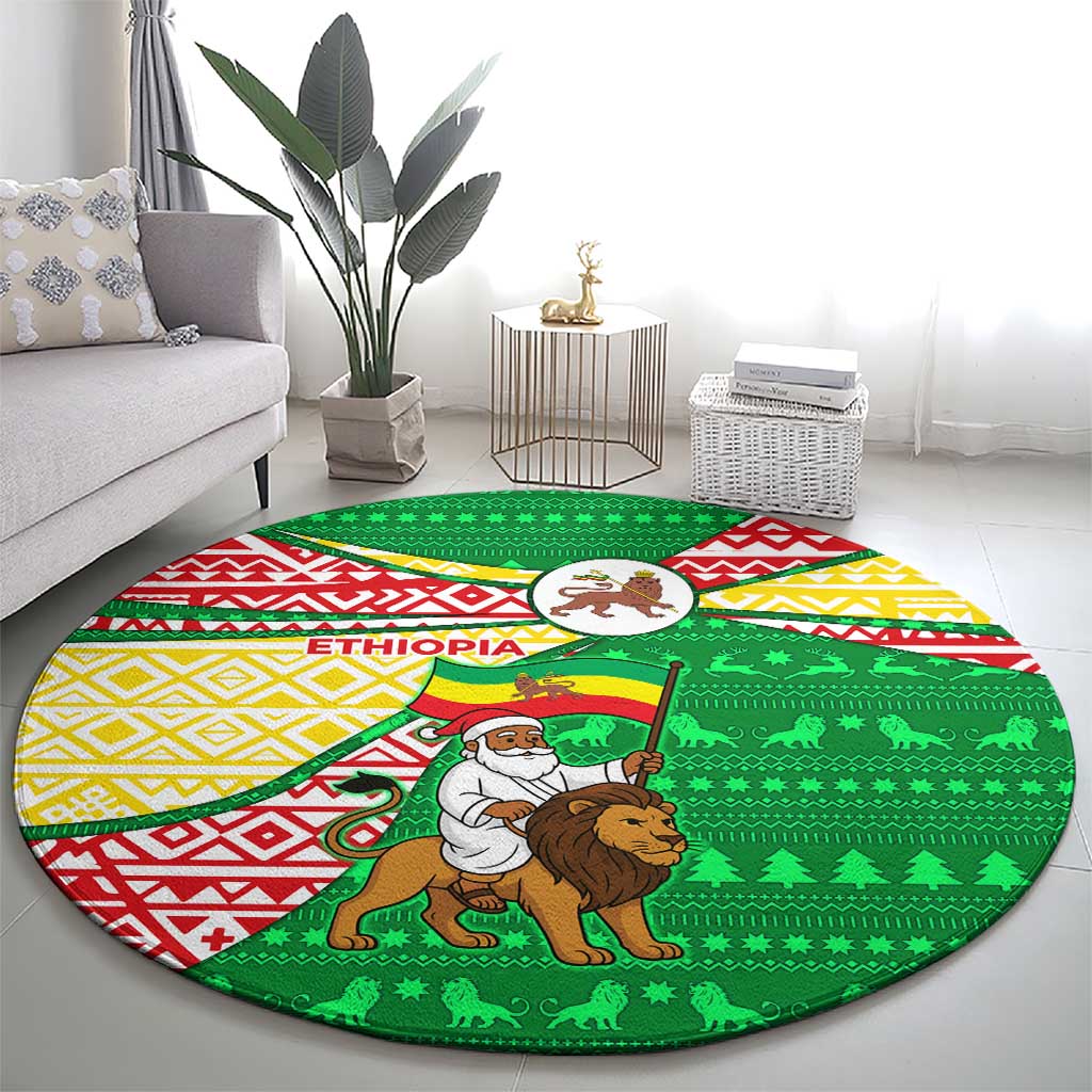 Ethiopia Christmas Round Carpet with Santa Riding Lion Ethiopian Flag Colors and Tribal Pattern Design - Wonder Print Shop